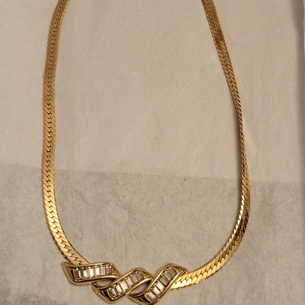 Vintage PARK LANE Gold Tone Herringbone Baguette Rhinestone Swirl Necklace